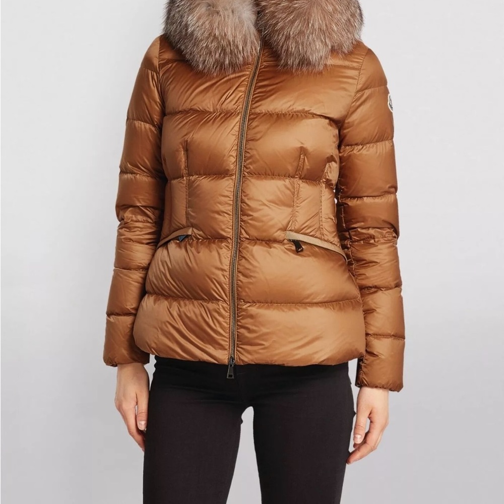 Moncler Tan Puffer Jacket with Fur Trim and Quilted Design
